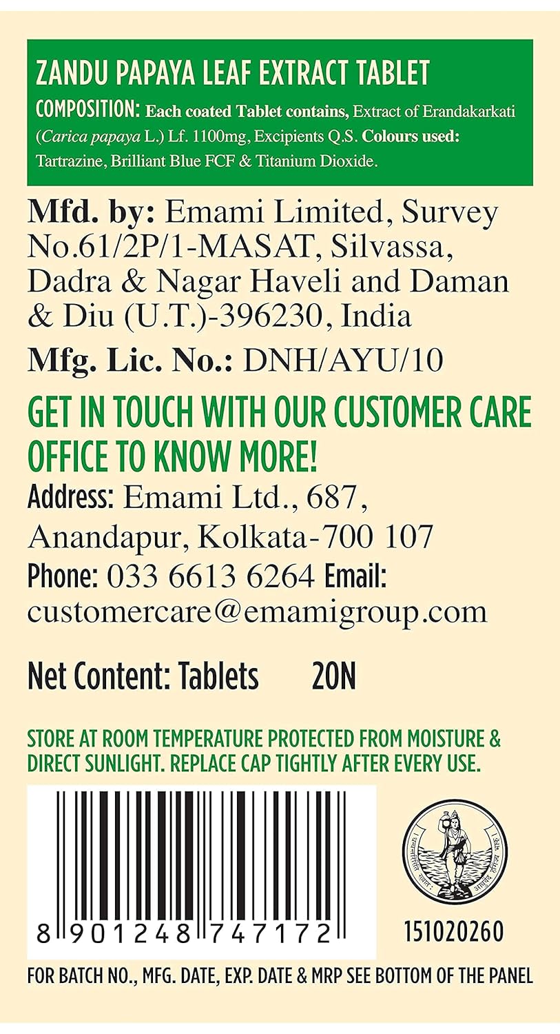 Zandu Papaya Leaf Extract Tablets - Helpful for Blood Platelets Count, With Goodness of Vitamin C, Anti-inflammatory &amp; Antioxidant Properties (Pack of 20 tablets x 2) (FROM INDIA) SAB - View 5 of 5