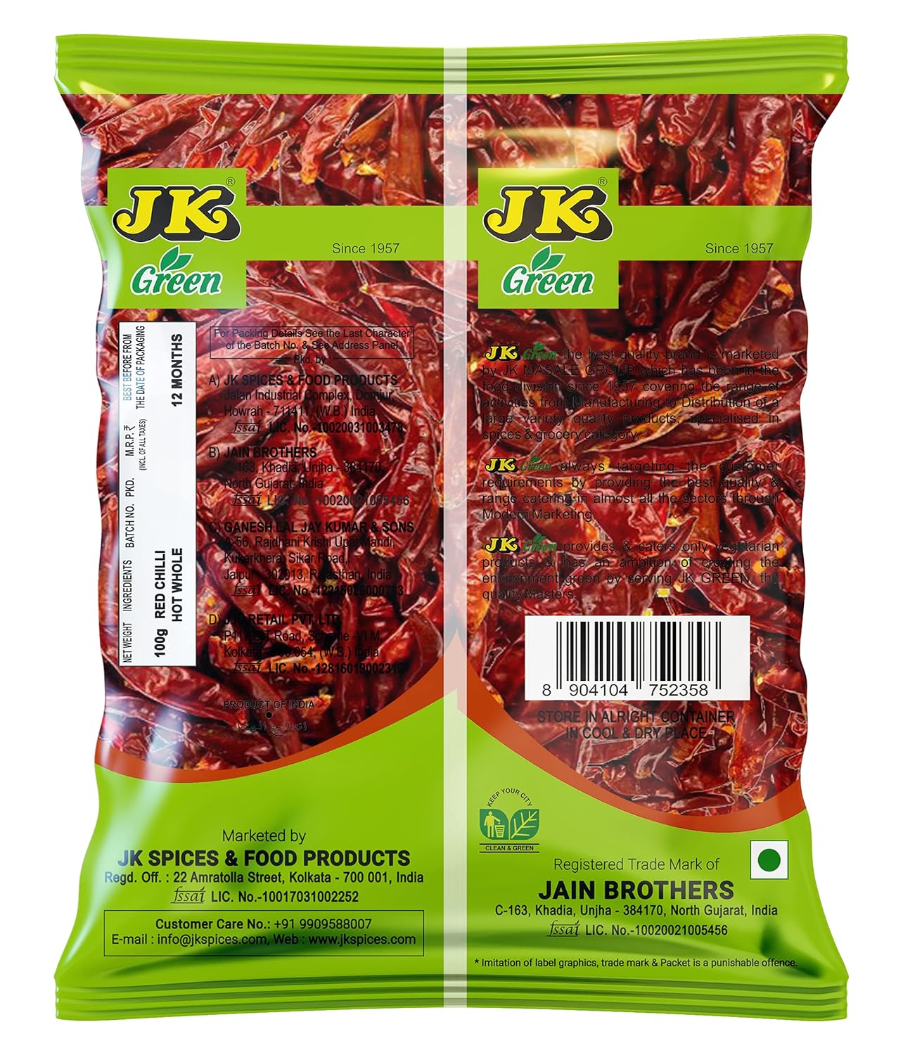 JK Red Chilli Whole, 100g | (Pack of 1) | 100% Natural Laal Mirch | Organic Indian Spices | Great for Curries, Chutneys &amp; More FROM INDIA (SAM) - View 2 of 2