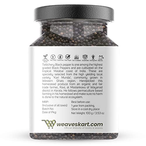 looms &amp; weaves - Premium Single origin Tellichery Special Extra Bold Black Peppercorns Whole - 100 gm (in GLASS JAR) - View 3 of 4