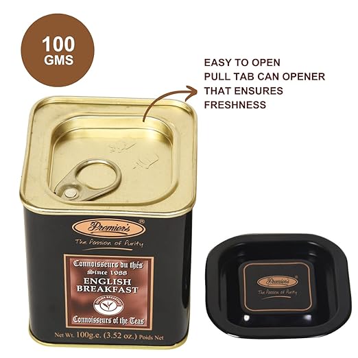 Premiers English Breakfast Tea, Premium Black Tea, Pure and Authentic Single Origin Tea, Loose Leaf Tea, 100 Gms, 50 Cups, Garden Fresh Tea, A Full-Bodied, Strong and Malty Blend, Square Metal Caddy (FROM INDIA SAB)Premiers English Breakfast Tea, Premium Black Tea, Pure and Authentic Single Origin Tea, Loose Leaf Tea, 100 Gms, 50 Cups, Garden Fresh Tea, A Full-Bodied, Strong and Malty Blend, Square Metal Caddy (FROM INDIA SAB) - View 2 of 6