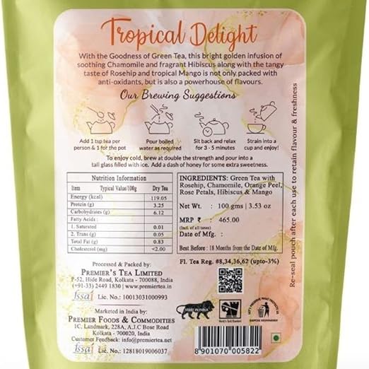 Premiers Tropical Delight, Green Tea Infusions with Mango Flavour, Loose Leaf Tea with Real Ingredients, 100 Gms, 50 Cups, Low Caffeine Tea and Herbs (FROM INDIA SAB) - View 5 of 6