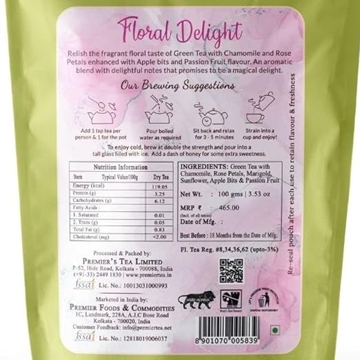Premiers Floral Delight, Green Tea Infusions with Passion Fruit Flavour, Loose Leaf Tea with Real Ingredients, 100 Gms, 50 Cups, Low Caffeine Tea and Herbs (FROM INDIA SAB) - View 6 of 6
