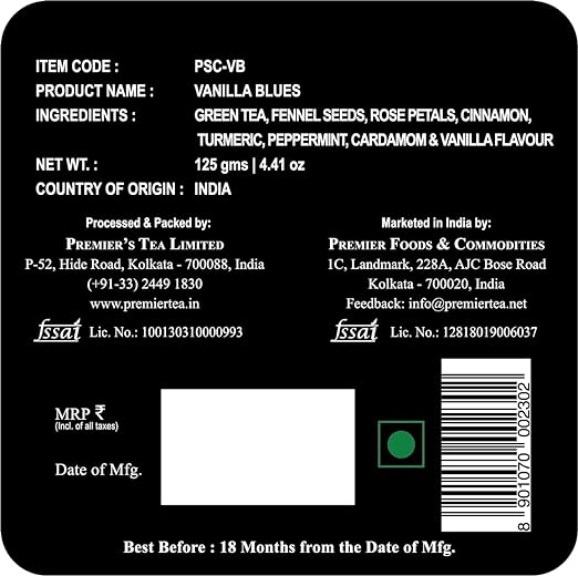 Premiers Vanilla Blues, Green Tea Infusion with Vanilla Flavour, Loose Leaf Tea with Spices, 125 Gms, 62 Cups, Low Caffeine Tea &amp; Herbs (FROM INDIA SAB) - View 5 of 6
