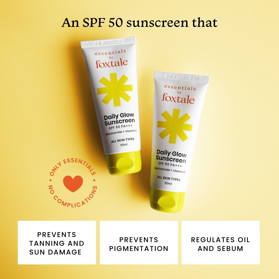 Foxtale Essentials Daily Glow Sunscreen SPF 50 PA+++ with Vitamin C and Niacinamide, UVA and UVB filters - No White Cast, Non-Greasy Formula, Anti-Tan Formula, For Men & Women, 50 ml - View 3 of 8