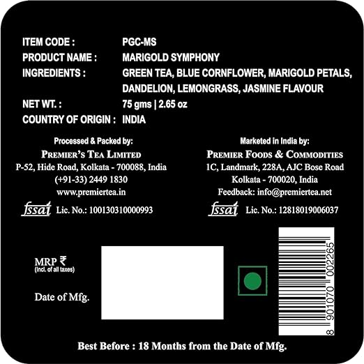 Premiers Marigold Symphony, Green Tea Infusion with Jasmine Flavour, Loose Leaf Tea with real Ingredients, 75 Gms, 37 Cups, Low Caffeine Tea &amp; Herbs (FROM INDIA SAB) - View 5 of 5