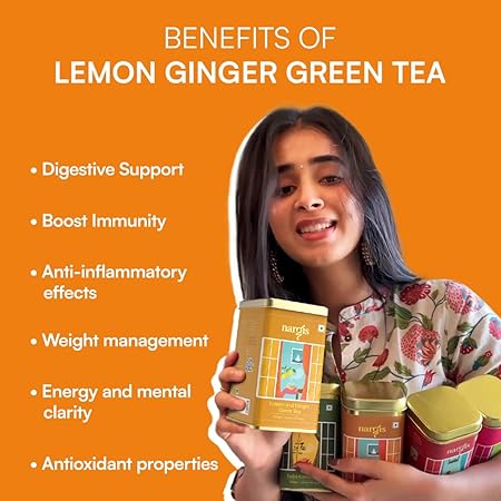 Nargis Lemon &amp; Ginger Green Tea 100gm | Citrus Lemon &amp; Spicy Ginger Blended with Premium Green Tea Leaves | Antioxidants, Relaxing, Improves Immunity Metabolism (FROM INDIA SAB) - View 4 of 7