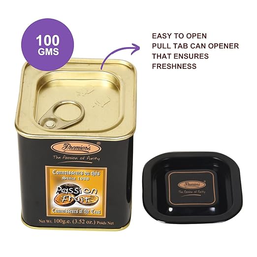 Premiers Passion Fruit Flavoured Tea, Tropical Fruit Tea, Loose Leaf Tea, 100 Gms, 50 Cups, Garden Fresh, Make Iced or Hot Tea, Fruity Taste of the Passion Fruit in Black Tea, Square Metal Caddy (FROM INDIA SAB) - View 2 of 6