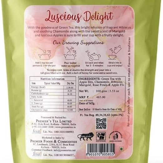 Premiers Luscious Delight, Green Tea Infusions with Apple Flavour, Loose Leaf Tea with Real Ingredients, 100 Gms, 50 Cups, Low Caffeine Tea and Herbs (FROM INDIA SAB) - View 5 of 5
