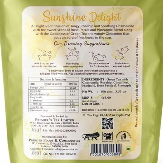 Premiers Sunshine Delight, Green Tea Infusions with Pineapple Flavour, Loose Leaf Tea with Real Ingredients, 100 Gms, 50 Cups, Low Caffeine Tea and Herbs (FROM INDIA SAB) - View 6 of 6