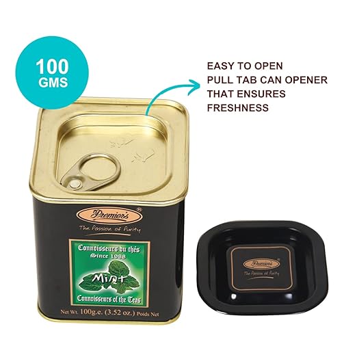 Premiers Mint Flavoured Tea, Refreshing Tea, Loose Leaf Tea, 100 Gms, 50 Cups, Garden Fresh, Make Iced or Hot Tea, Minty Relaxing Flavour in Black Tea, Square Metal Caddy (FROM INDIA SAB) - View 2 of 5