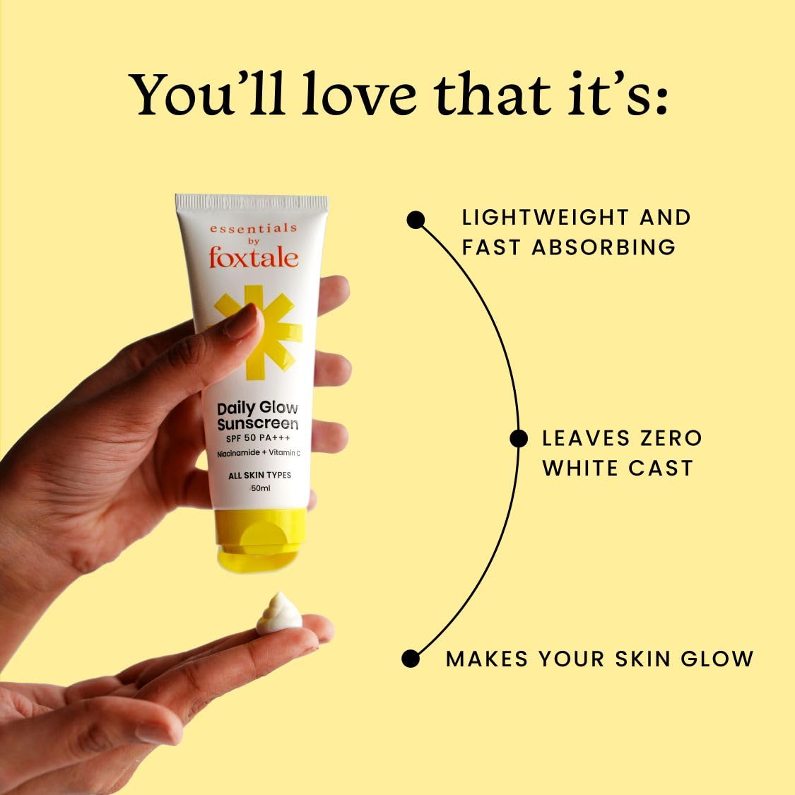 Foxtale Essentials Daily Glow Sunscreen SPF 50 PA+++ with Vitamin C and Niacinamide, UVA and UVB filters - No White Cast, Non-Greasy Formula, Anti-Tan Formula, For Men & Women, 50 ml - View 4 of 8