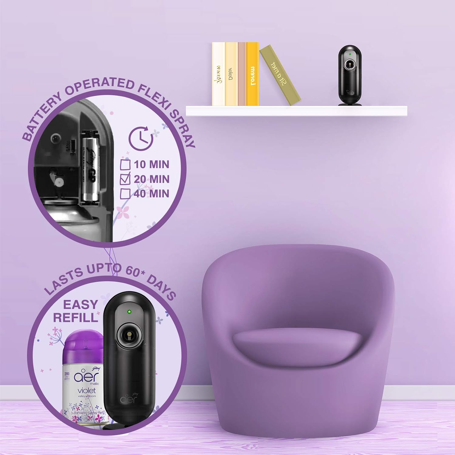 Godrej aer matic, Automatic Air Freshener Kit with flexi control - Cool Surf Blue (225 ml) &amp; Refill Pack - Violet Valley Bloom (225 ml) - View 7 of 7