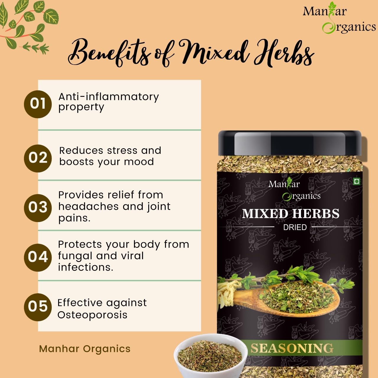 ManHar Organics Dried Mixed Herbs Seasoning: 120gm Jar (Mix of oregano, basil, thyme, rosemary, parsley, chilli flakes, garlic powder) - View 2 of 3