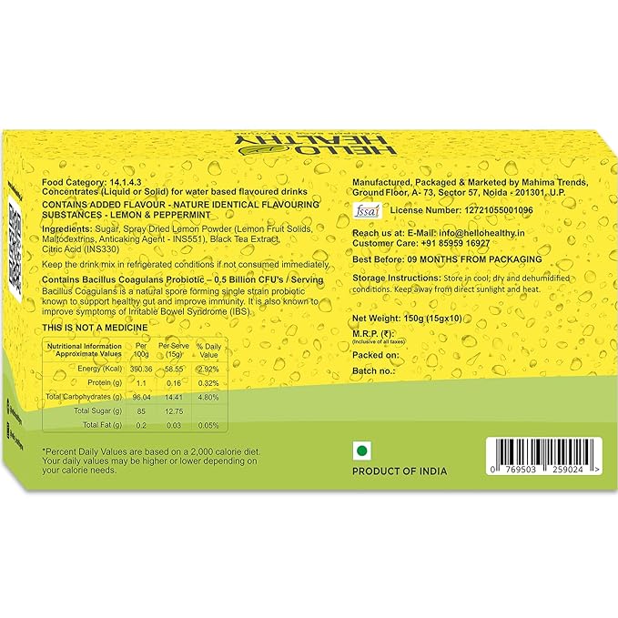 Hello Healthy Lemon Peppermint Flavour Iced Tea Pack Of 10 Sachet (180 ML Each) | Summer Drink | Instant Ice Tea Powder | Ready to Drink | Refreshing Drink | No Artificial Ingredients (FROM INDIA SAB) - View 2 of 5