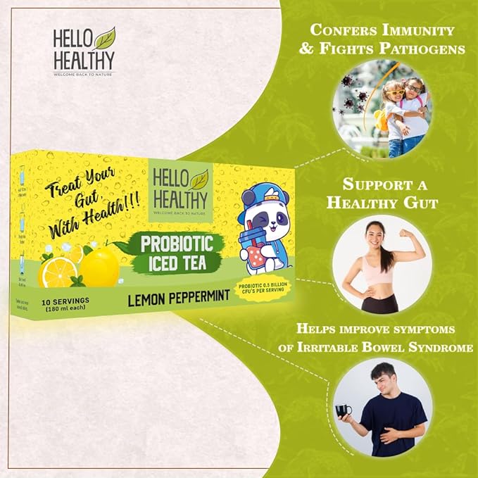 Hello Healthy Lemon Peppermint Flavour Iced Tea Pack Of 10 Sachet (180 ML Each) | Summer Drink | Instant Ice Tea Powder | Ready to Drink | Refreshing Drink | No Artificial Ingredients (FROM INDIA SAB) - View 3 of 5