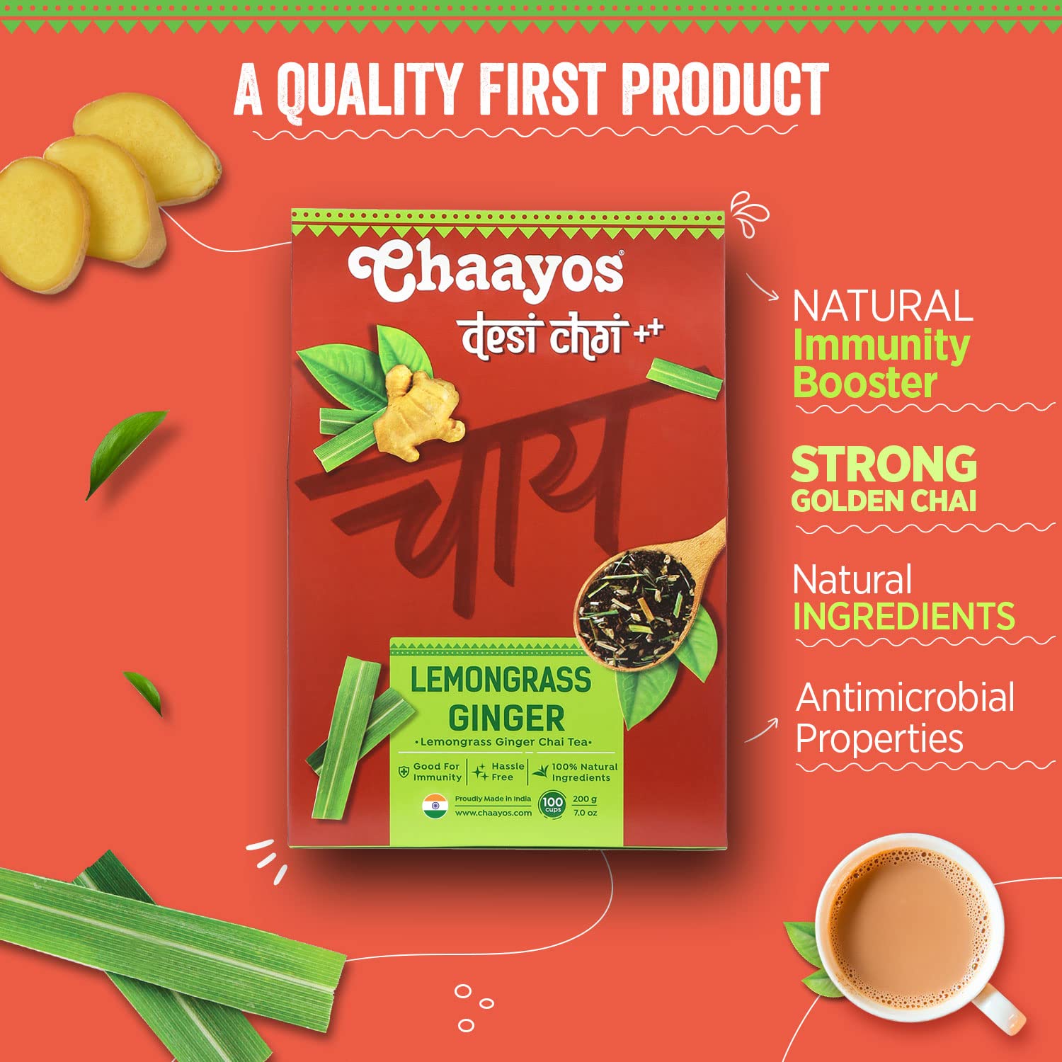Chaayos Lemongrass Ginger Tea - Premium Chai Patti for Cough &amp; Cold Remedy (100g)(FROM INDIA SAB) - View 3 of 6