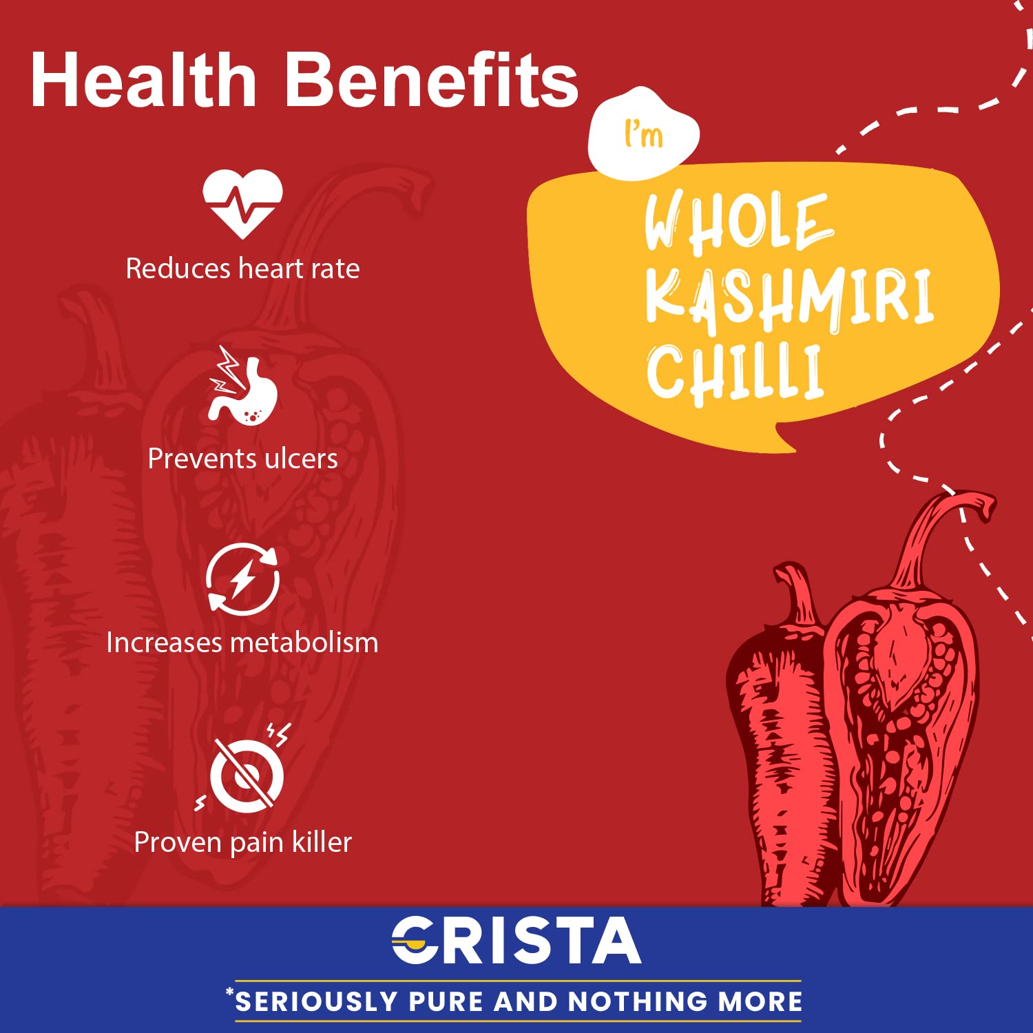 CRISTA Kashmiri Whole Chilli | Laal Mirch with Natural Oils | Premium, Natural &amp; Sun-dried | Zero added Colours, Fillers, Additives &amp; Preservatives | Mild Spicy Grade | 100 gms FROM INDIA (SAM) - View 3 of 3