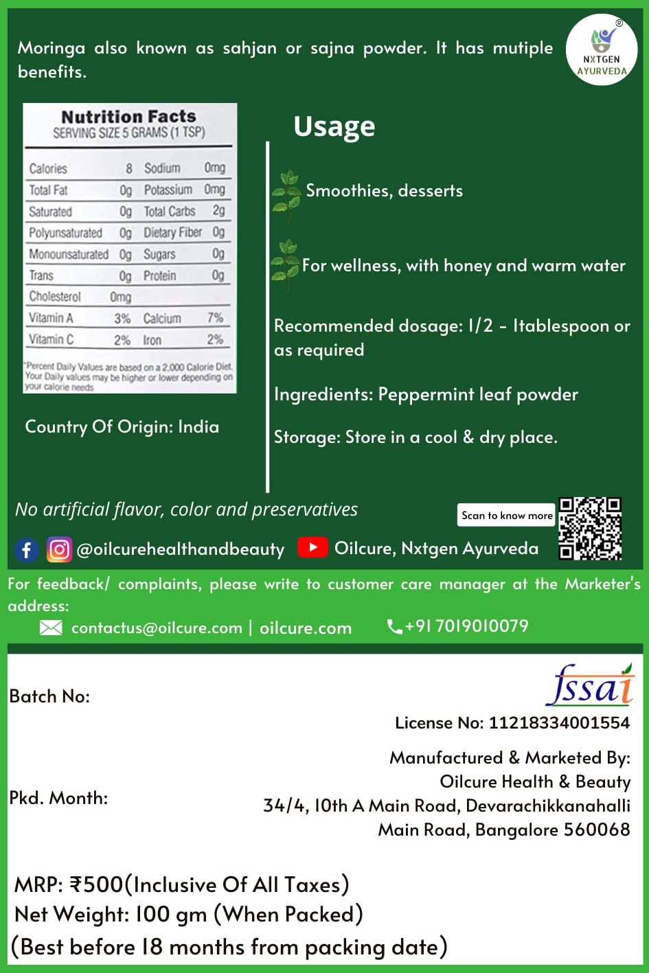 Nxtgen Ayurveda Pure Peppermint Leaves Powder | 100 gm | Natural Mint - View 2 of 2