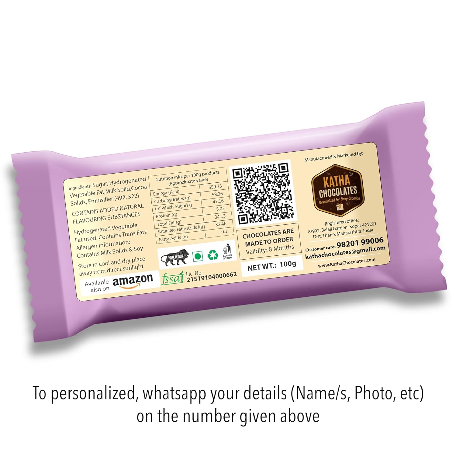 Katha Chocolates Valentine's Day Gift, Personalized Chocolate Large Bar + Label - Specially for Your Love, Girlfriend, Boyfriend, Husband, Wife, Mother, Father, Grandparents (100g) (FROM INDIA SAB) - View 2 of 4