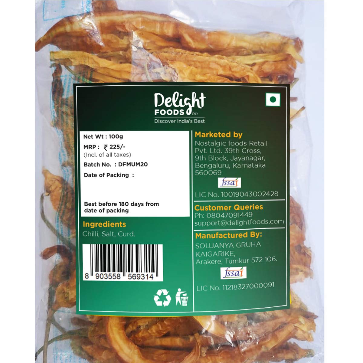 Delight Foods Mor Milagai - Sun Dried Curd Chillies - Uppina Menasinkai - Dahi Mirchi | Papad | 100g | FROM INDIA(SAM) - View 3 of 4