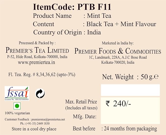 Premiers Mint Flavoured Tea, Pack of 2, (50g x 2), 100g, 50 Teabags, Fruit Tea, No additives, Make Iced or Hot Tea, Minty Relaxing Flavour in Black Tea… (FROM INDIA SAB) - View 4 of 5