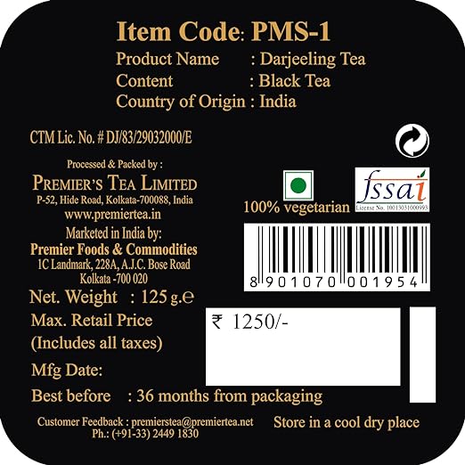 Premiers Darjeeling Tea, Premium Black tea, Pure and Authentic Single Origin Tea, Loose Leaf Tea, 125 Gms, 62 Cups, Garden Fresh Tea, Muscatel and Slightly Fruity Taste, Elegant Square Metal Caddy (FROM INDIA SAB) - View 6 of 6