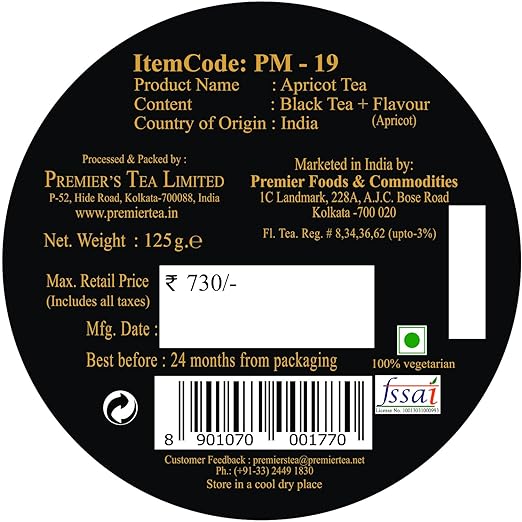 Premiers Apricot Flavoured Tea, Fruity Black Tea, Loose Leaf Tea, 125 Gms, 62 Cups, Make Iced or Hot Tea, Sweet and Tart Taste of Apricot in Black Tea, Elegant Metal Caddy (FROM INDIA SAB) - View 6 of 6