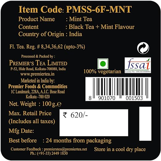 Premiers Mint Flavoured Tea, Refreshing Tea, Loose Leaf Tea, 100 Gms, 50 Cups, Garden Fresh, Make Iced or Hot Tea, Minty Relaxing Flavour in Black Tea, Square Metal Caddy (FROM INDIA SAB) - View 5 of 5