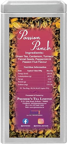 Premiers Passion Punch, Green Tea Infusion with Passion Fruit Flavour, Loose Leaf Tea with Spices, 125 Gms, 62 Cups, Low Caffeine Tea &amp; Herbs (FROM INDIA SAB) - View 2 of 5