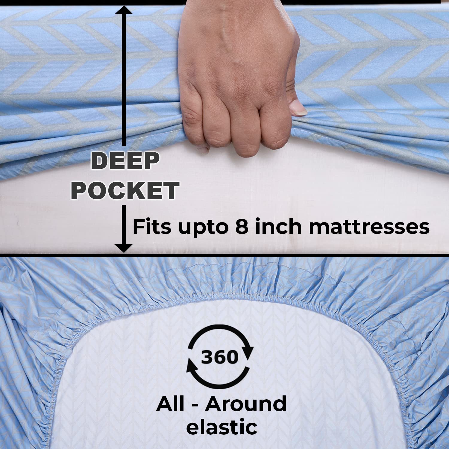 HOKIPO Brushed Microfiber 135 GSM Printed Elastic King Size Fitted Bedsheet, 78x72 inches with 2 Pillow Cover, Herringbone Azure Blue (IN-630-D15) - View 5 of 7