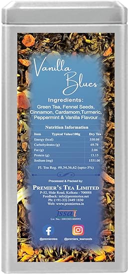 Premiers Vanilla Blues, Green Tea Infusion with Vanilla Flavour, Loose Leaf Tea with Spices, 125 Gms, 62 Cups, Low Caffeine Tea &amp; Herbs (FROM INDIA SAB) - View 2 of 6