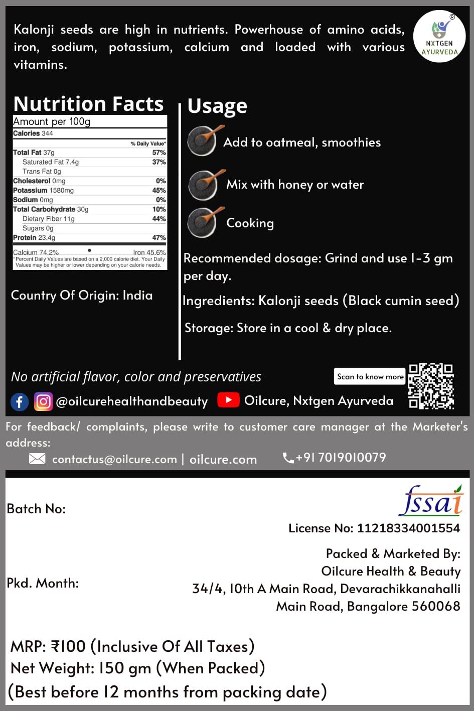 Nxtgen Ayurveda Kalonji Seeds - 150 gm - View 2 of 2