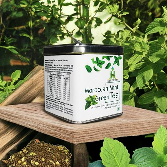 Hill Drops Moroccan Mint Green Tea | 100g Tin Can | A Taste of Morocco's Magic (FROM INDIA SAB) - View 5 of 7