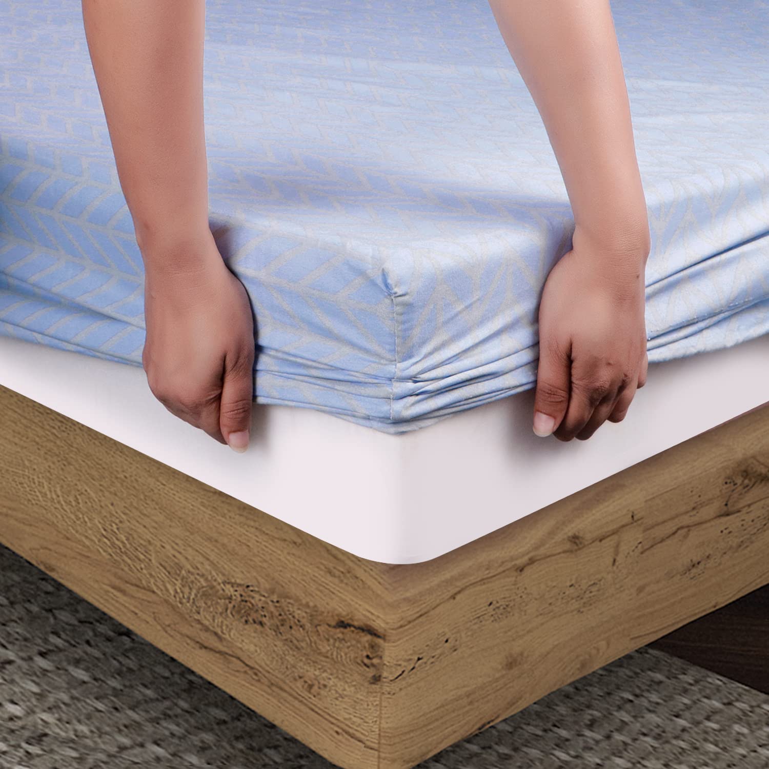 HOKIPO Brushed Microfiber 135 GSM Printed Elastic King Size Fitted Bedsheet, 78x72 inches with 2 Pillow Cover, Herringbone Azure Blue (IN-630-D15) - View 6 of 7