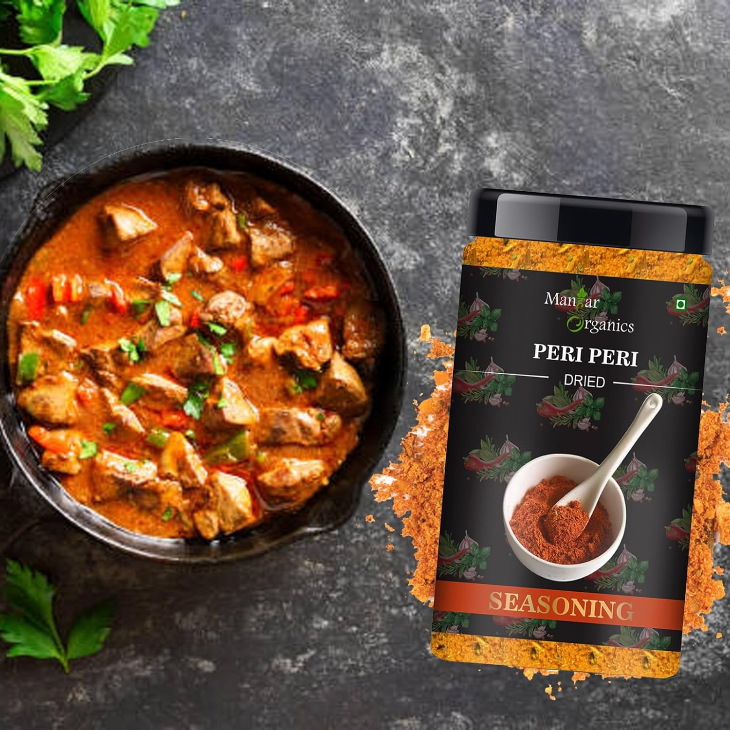 ManHar Organics Peri Peri Seasoning 150gm- for seasoning Pizza, Pasta, fries, Popcorn, Makhana and Curries - View 2 of 3
