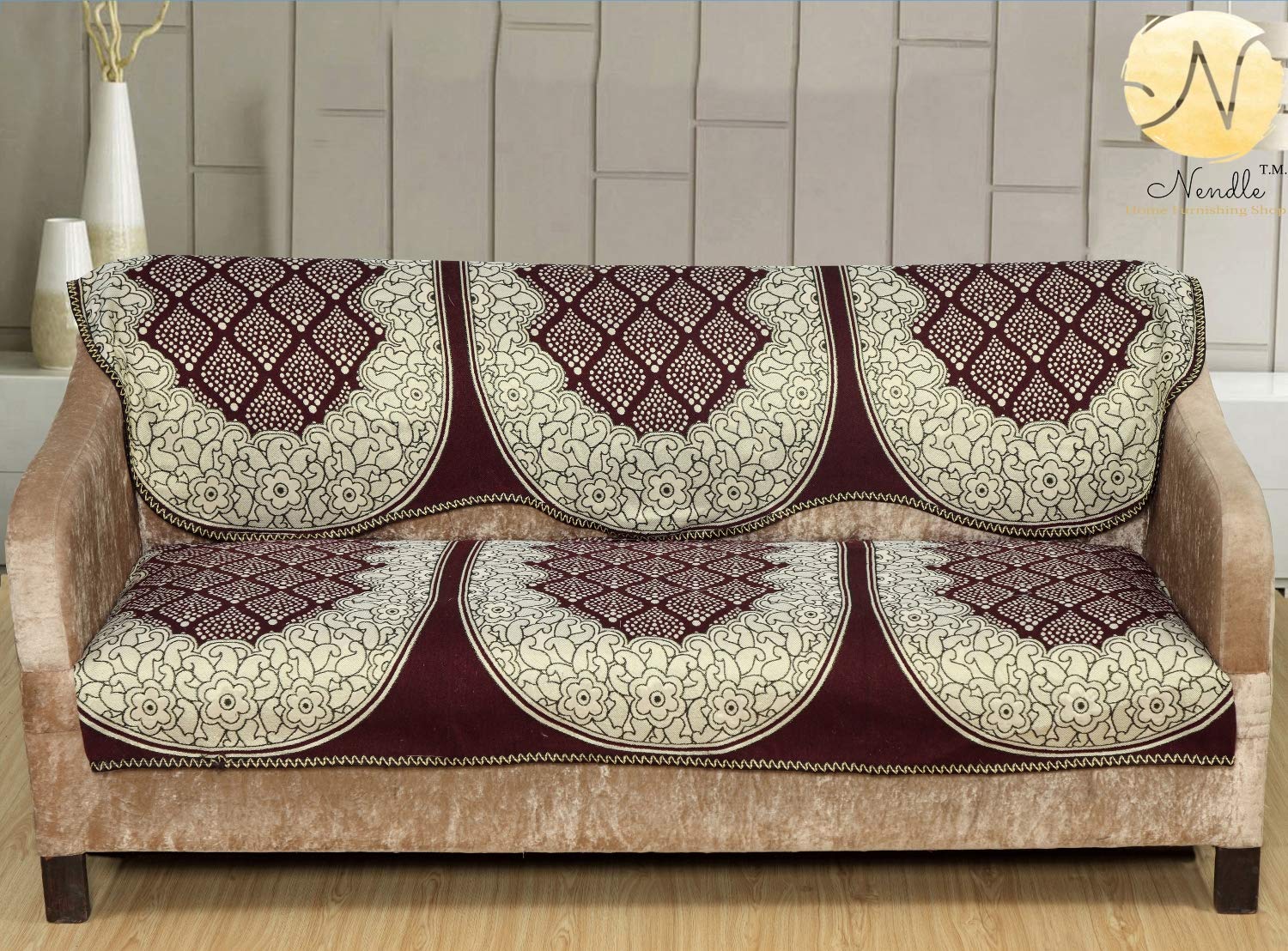 Nendle Abstract Pattern Cotton Abstract Sofa Covers Set of 3 Seater (Brown, 2 Pieces, 69 Inch x 27 inch) - View 2 of 6