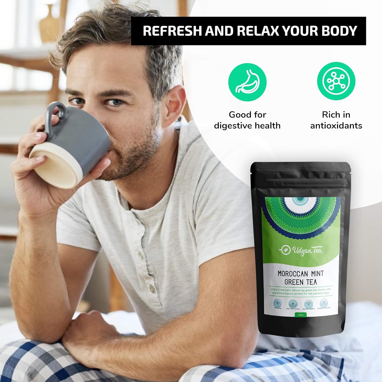 Udyan Tea Moroccan Mint Green Tea, 100g (40 Cups) | Pure, Refreshing Green Tea Blend with Spearmint Leaves - View 2 of 3