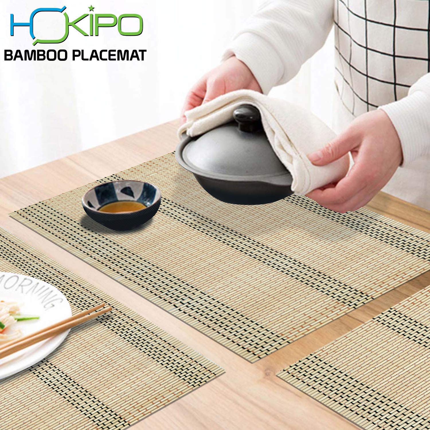 HOKIPO Reversible Bamboo Placemats Set Of 4 Table Mats, 45X30 Cm, (Ar13), Beige - View 4 of 6