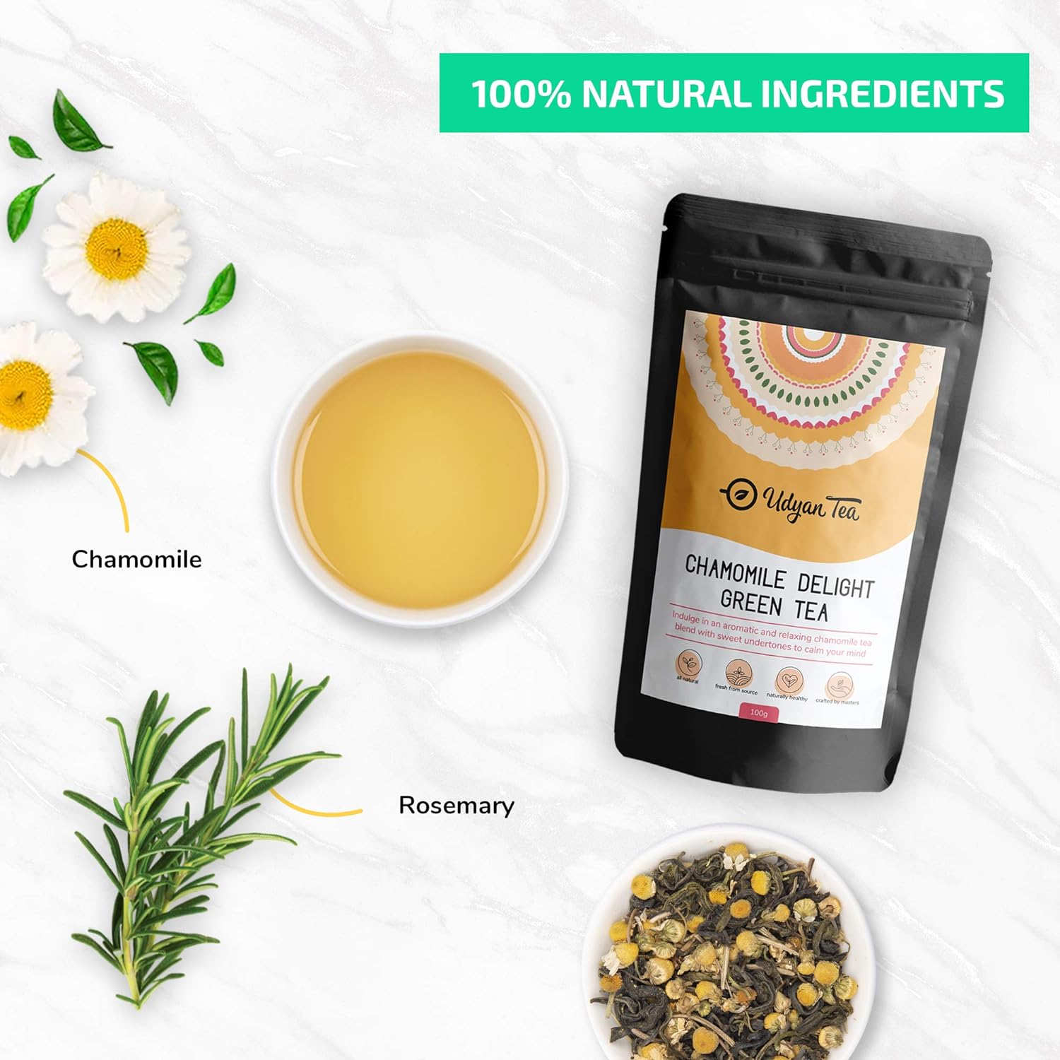 Udyan Tea Chamomile Delight Green Tea, 100g (40 Cups) | Reduces Stress &amp; Promotes Sleep - View 3 of 4