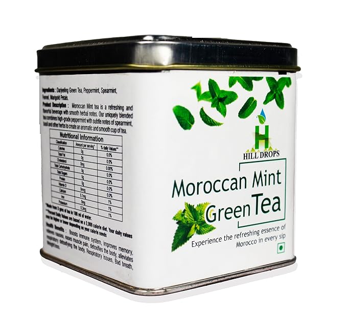 Hill Drops Moroccan Mint Green Tea | 100g Tin Can | A Taste of Morocco's Magic (FROM INDIA SAB) - View 3 of 7