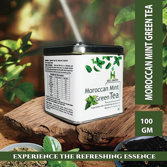 Hill Drops Moroccan Mint Green Tea | 100g Tin Can | A Taste of Morocco's Magic (FROM INDIA SAB) - View 4 of 7