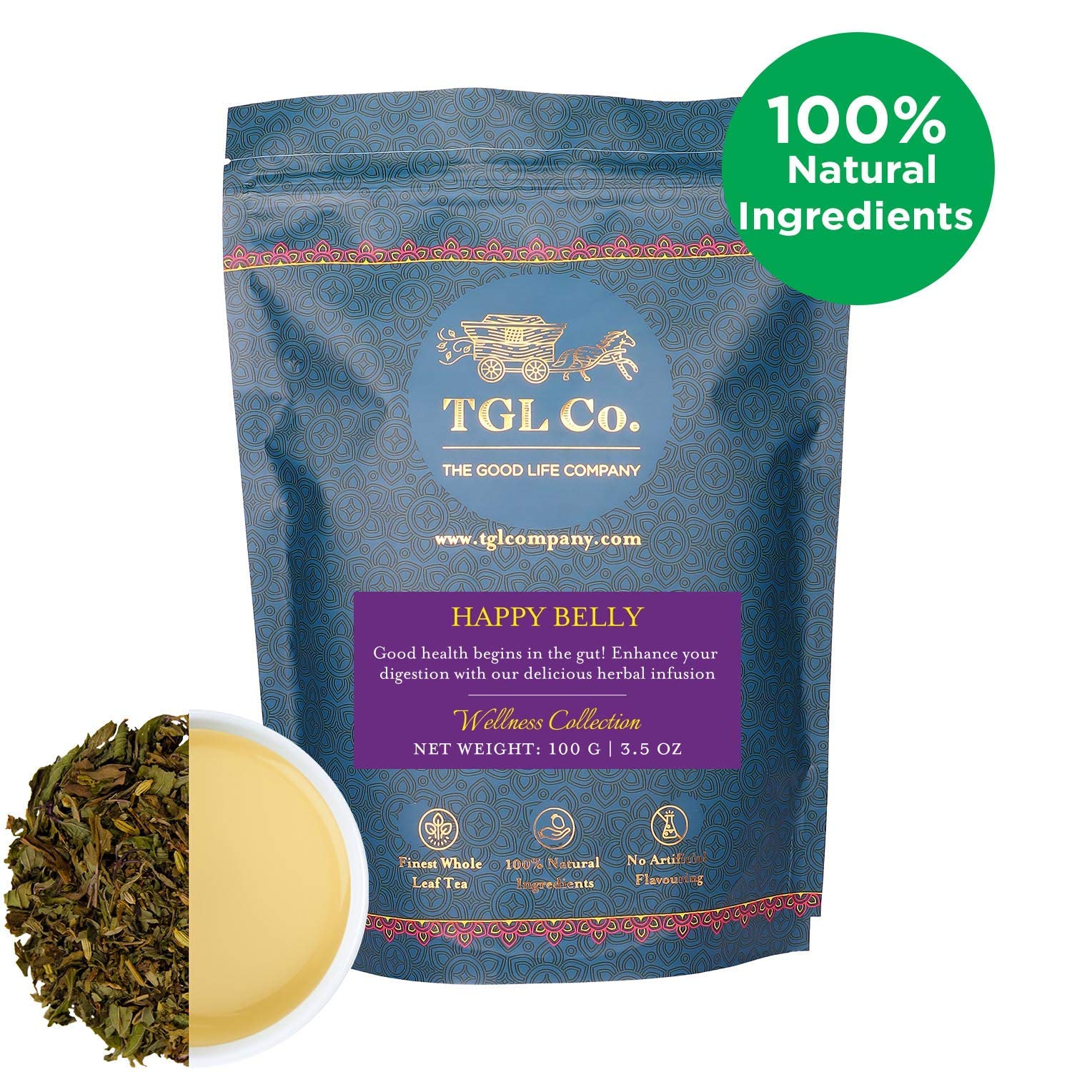 TGL Happy Belly Soothing Herbal Tea 100 Gram with Triphala, Mint, Cinnamon, Ajwain, Bayleaf, Liquorice, Calendula, Fennel, Anise, Caraway Seeds (FROM INDIA SAB) - View 2 of 4