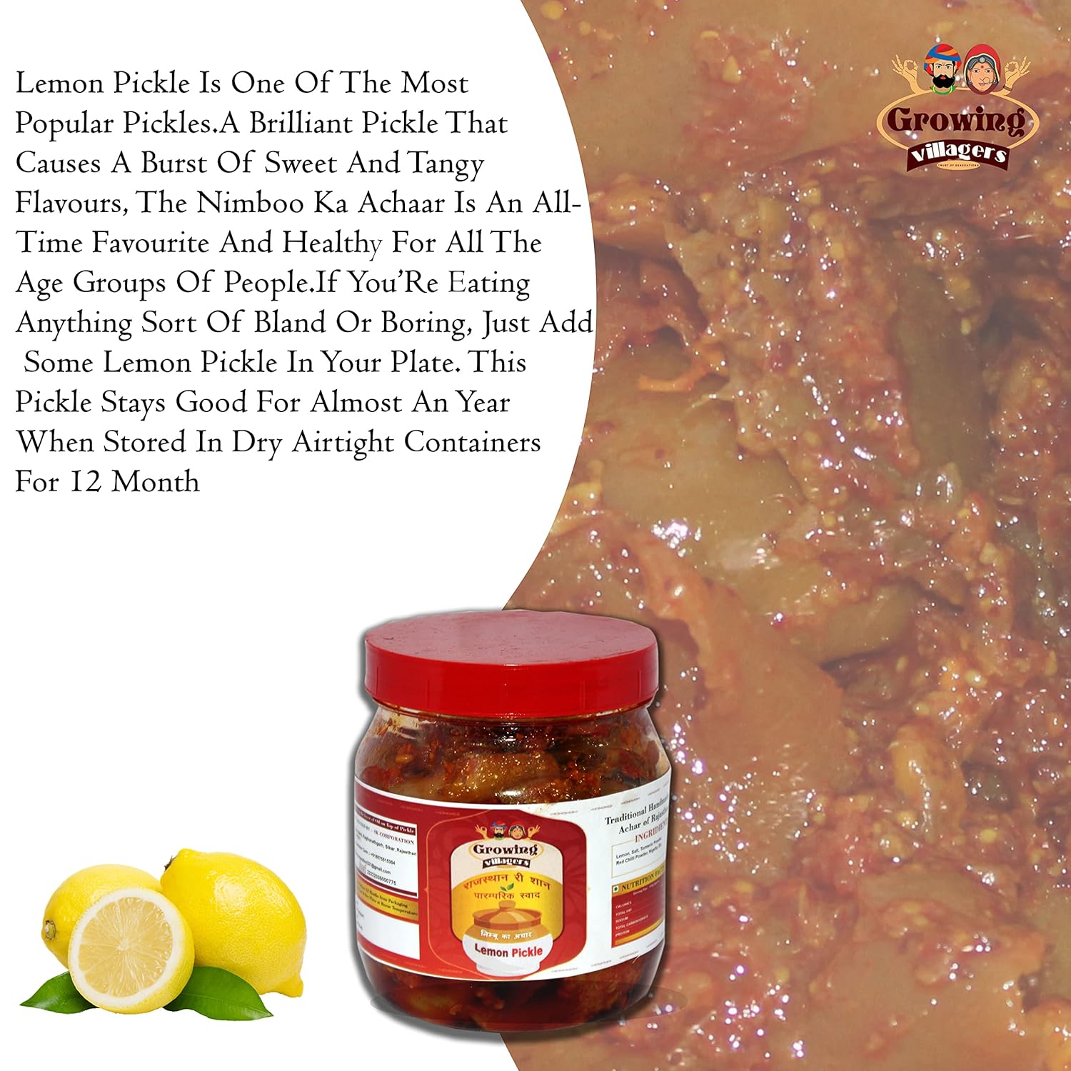 Growing Villagers Lemon Pickle Homemade Khatta Nimbu Ka Achar | Lime Pickle | Jar Of 400 Grams FROM INDIA (SAM) - View 2 of 2