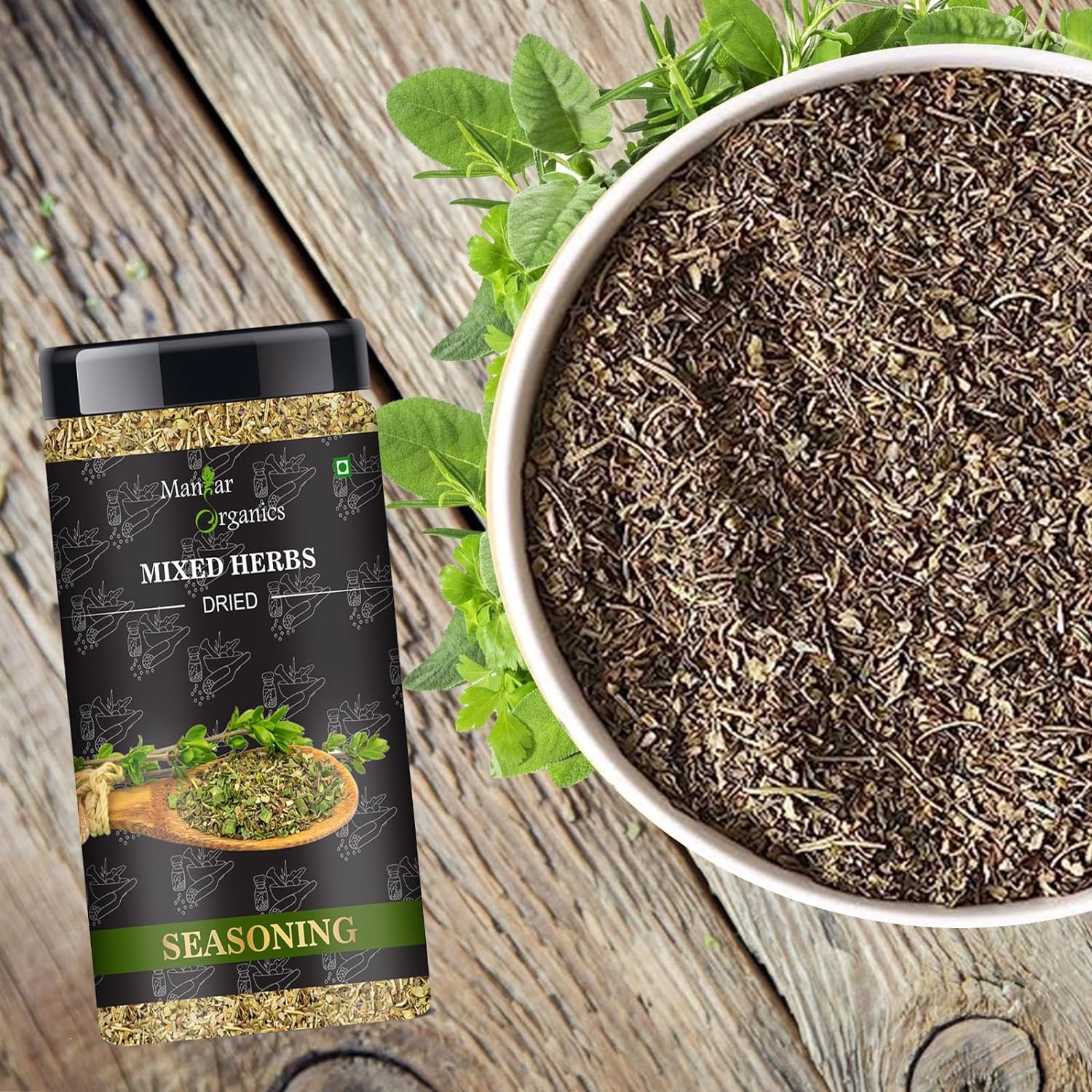 ManHar Organics Dried Mixed Herbs Seasoning: 120gm Jar (Mix of oregano, basil, thyme, rosemary, parsley, chilli flakes, garlic powder) - View 3 of 3