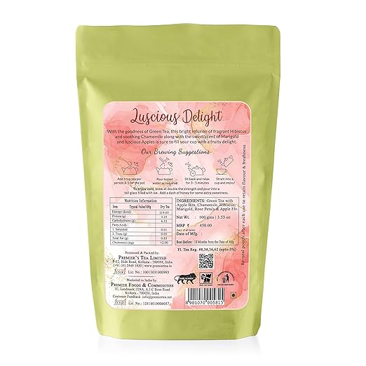 Premiers Luscious Delight, Green Tea Infusions with Apple Flavour, Loose Leaf Tea with Real Ingredients, 100 Gms, 50 Cups, Low Caffeine Tea and Herbs (FROM INDIA SAB) - View 2 of 5