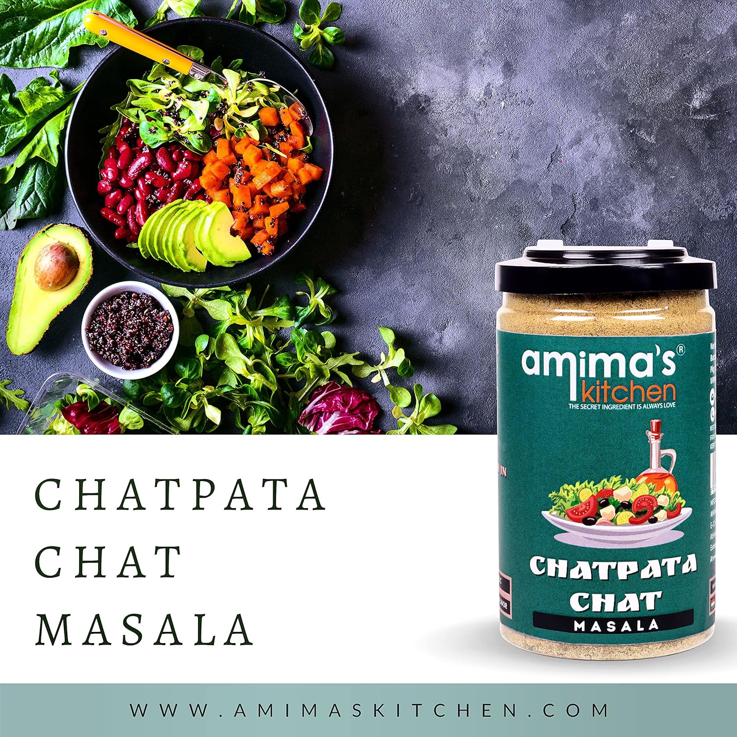 Amima's Kitchen Chatpata Chaat Masala Sprinkler Jar | 125 Grams | No Onion &amp; No Garlic | No Artificial Flavour Added | Used in Saute Veggies, Fruit Salads, Snacks, Curries, Buttermilk, Sharbats, Fruit Juice - View 2 of 3