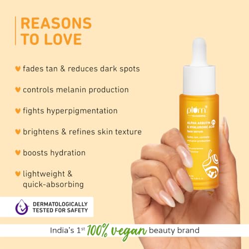 Plum 2% Alpha Arbutin &amp; Hyaluronic Acid Face Serum | Fades Tan | Brightens Skin | Controls Melanin Production | with Yuzu Lemon &amp; Licorice | Fragrance-Free | 100% Vegan | 30 ml (FROM INDIA SAB) - View 2 of 4