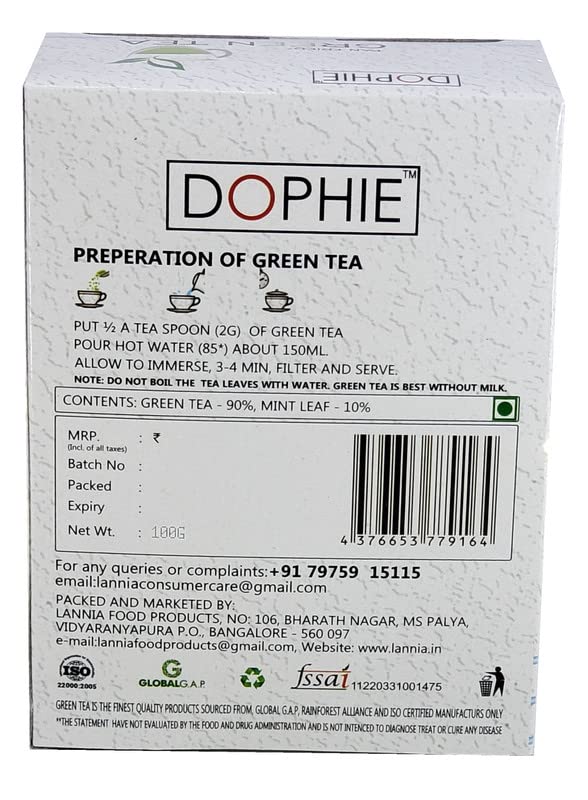 Dophie Green tea loose leaf with Peppermint leaves 100g (Pack-1) Herbal Tea, Antioxidant, Weight Loss, Immunity, Green Tea long leaf, mint Green tea, good refreshment. (FROM INDIA SAB) - View 5 of 5