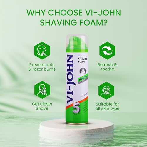 VI- JOHN Shaving Foam For Men, Menthol Shaving Foam With Goodness of Nature, Tea Tree Oil, Vitamin E Enriched and Anti- Bacterial Formula (200gm Each- Pack of 2) (FROM INDIA SAB) - View 2 of 3