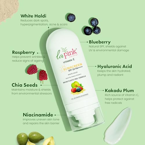 La Pink Vitamin C Sunscreen SPF 50 PA++++ UVA + UVB, Hydration &amp; Moisturization 100% Microplastic Free Formulation | Non Greasy | Zero White Cast | 50gm (FROM INDIA SAB) - View 2 of 3